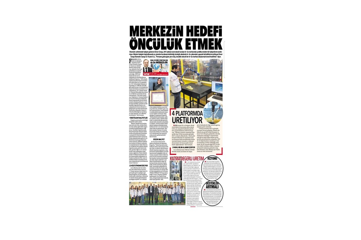 Fabrika Müdürümüz Dilara Hanım’ın AR-GE merkezimizi konu alan görüşleri , Hürriyet Gazetesi Bursa ekinin 20 Nisan 2019 tarihli baskısında yayınlanmıştır.